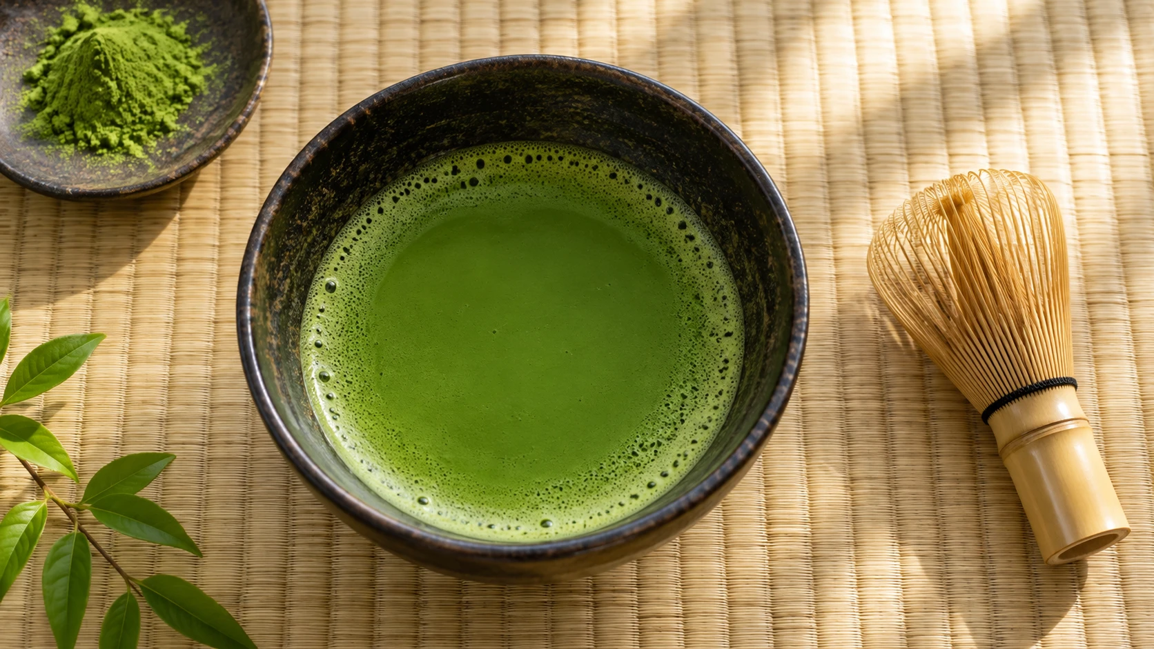 織り目の美しい敷物に置いた抹茶の茶碗と竹の茶筅