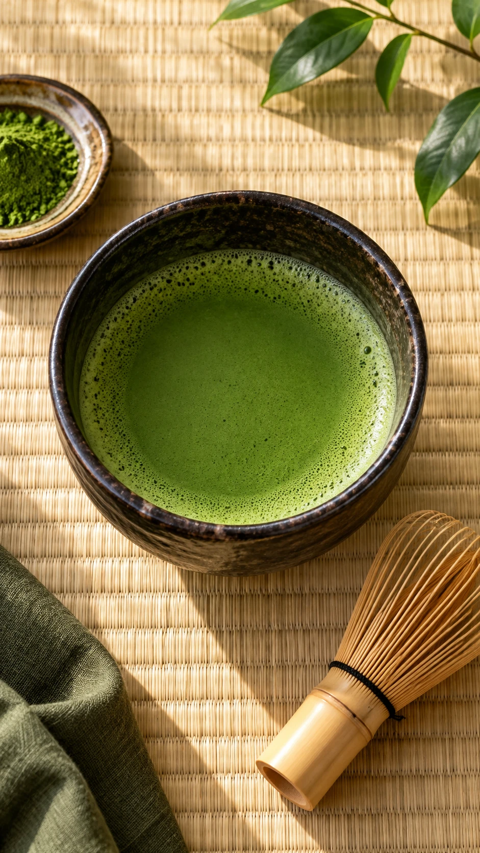 畳の上に置いた、鮮やかな抹茶の茶碗と竹の茶筅